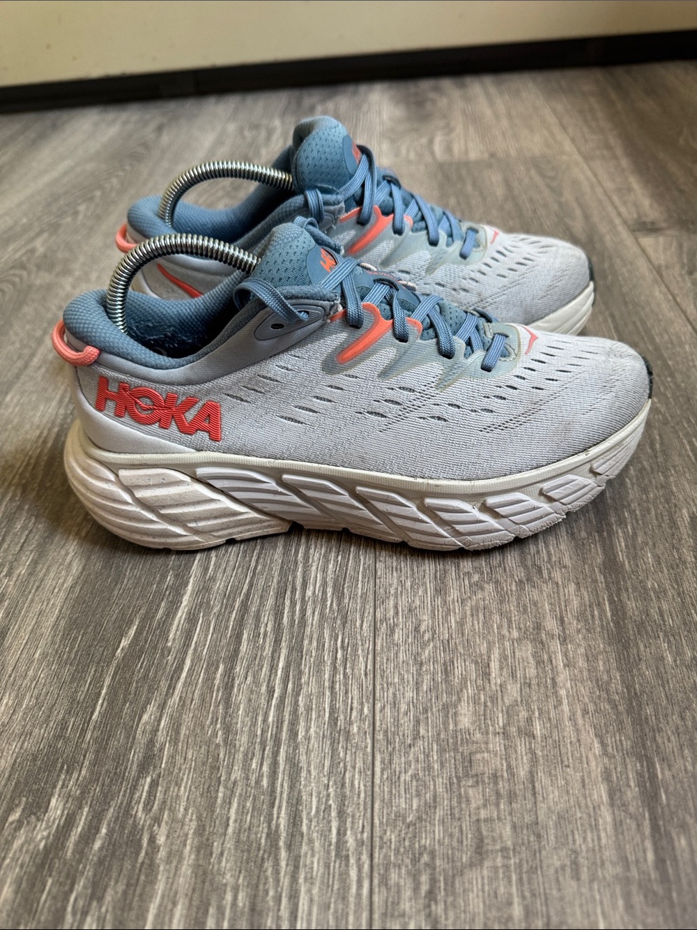 Hoka Gaviota 4 woman’s Running Sneakers in Light Blue with Coral Details